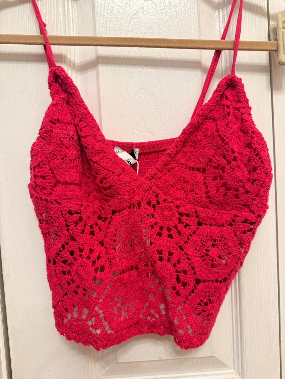 Mango strawberry Red Crochet Lace Spaghetti Strap Crop Top